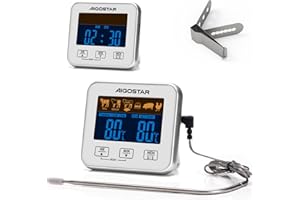 Aigostar Elliott - Thermometre Cuisine numérique, Sonde Temperature, Thermomètre à Viande Avec Minuterie Pour Fumoir, Écran LCD Rétroéclairé, Fonction d'alarme, Lectures Rapides et Précises.