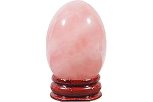 Ladeukoi Stone Egg Figurine, Polished Healing Crystal Easter Eggs Sphere Sculpture with Wood Stand, Natural Rose Quartz, 1.8"