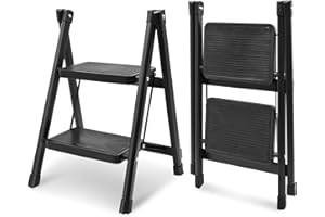 Yiomxhi Składana drabina 2 stopnie, drabina zajmująca niewiele miejsca z szerokimi pedałami i antypoślizgowymi nóżkami, lekki i przenośny stołek do domu, kuchni, wewnątrz, na zewnątrz, czarny