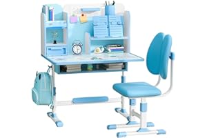 RRXIMHTT Kinder-Funktions-Schreibtisch-Stuhl-Set, höhenverstellbarer Kinder-Schul-Schreibtisch mit Burglehne, erweitertem Schreib, Buchständer und Speicherschublade (Blue-H)