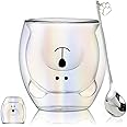 Bear Cup Cute Mugs for Women Iridescent Glass Double Wall Insulated Glasses Espresso Cup, Coffee Cup,Tea Cup,Milk Cup, Friend Gifts for Women Birthday Christmas Office and Personal