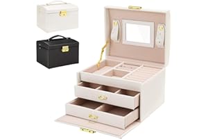 Gifort Joyero, Caja Joyas de Cuero PU con 3 Capas, Organizador Joyas con Espejo y Cerradura para Collares Anillos Pendientes, Jewelry Organizer Regalo para Mujer y Niña, Blanco （17 * 13.5 * 12cm）