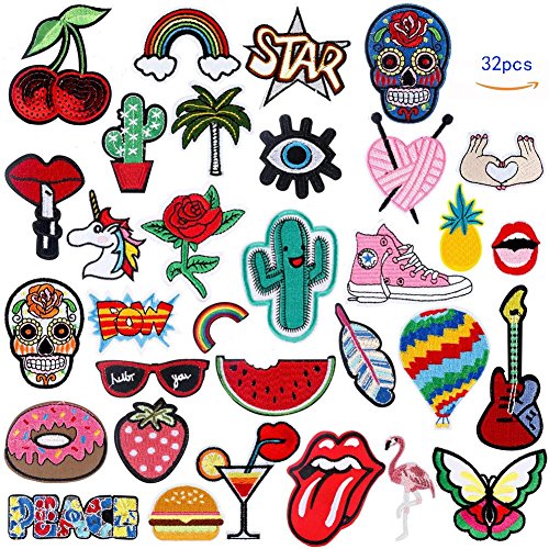 Parches Para Ropa Termoadhesivos, Fun Sponsor 32 Piezas Parches bordados de Algodón Kit de Reparación de Planchar