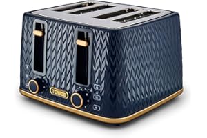 Tower T20061MNB Empire 4-Slice Toaster with Defrost/Reheat, Removable Crumb Trays, 1600W, Midnight Blue and Brass