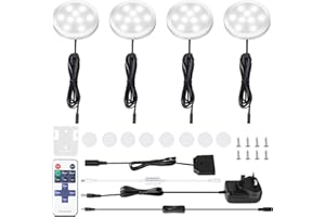AIBOO LED Kitchen Under Cabinet Lighting Kit Dimmable with Wireless RF Remote,UK Plug,4 Pack Round Display 240V LED Puck Lights,8W Under Cupboard Counter Shelf Lights(Daylight White 6000K)