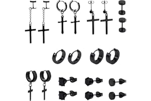 JOHOTONE Earrings for Men Stainless Steel Stud Earrings Black Small Hoop Earrings Cross Earrings Set Unsex for Men Women 10 Pairs