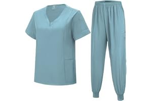 Meichoon Zestaw mundurów medycznych krótki rękaw dekolt w serek top ze zwężanymi spodniami elastyczny pot chłonny miękki pranie ręczne estetyczny medyczny DK06