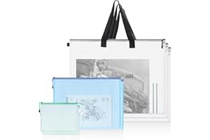 Glarks Juego de 7 bolsa de arte, 3 contenedores de almacenamiento para pósteres de 19 x 25 pulgadas, bolsa transparente con cremallera y asa, 4 contenedores de malla A3 A4 con cremallera