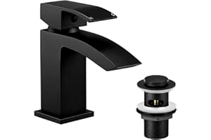 Wasserrhythm Basin Taps with Pop up Waste Black Waterfall Square Bathoom Sink Tap Mixers Brass Mono Cloakroom Faucet Monobloc with Slotted Waste Modern 1 Hole G1/2 Hoses