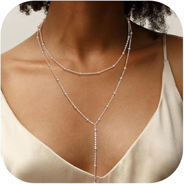 WATEFOER Lariat Halsketting voor dames, 14k verguld, sierlijk, lange gelaagde Y-vormige halsketting, CZ traanhanger, halsketting, eenvoudige mode, sieraden, cadeau voor Kerstmis, 20 Zoll 2