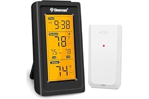 Geevon Indoor Outdoor Thermometer Wireless Digital Hygrometer Temperature Gauge with Time, 200ft/60m Range Temperature Humidity Sensor (151 Black No Batterires)