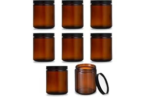 AMCBKYEA Lot de 8 Bocaux en Verre Ambré 240ml avec Couvercles Noirs Vissés - Pots Étanches pour Cosmétiques, Crèmes, Huiles Essentielles, Épices - Récipients Réutilisables et Hermétiques