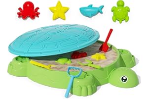 maysida Caja de arena de tortuga para niños con tapa, juguetes de caja de arena con cubierta para niños de 3 a 5 años, juego de 8 juguetes de arena, juego de juguetes de playa de verano para