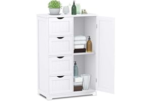 CASART Storage Cabinet, Bathroom Floor Cabinet with 1 Cupboard and 3/4 Drawers, Wooden Freestanding Cupboard for Living Room, Bathroom, Entryway and Office (White, with 4 Drawer)