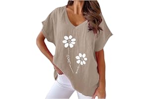 NUSGEAR 2023 Camiseta Manga Corta Mujer, Verano Algodón y Lino Moda Impresión Blusa Camisa Cuello en V Basica Camiseta Elegant Suelto Tops Casual Fiesta Cómodo T-Shirt Original tee Playa