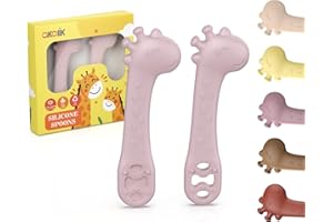 akolik PreCucharas Para Bebes, 2 Piezas de Cuchara Bebe Aprendizaje Cuchara Baby de Silicona Sin BPA, Munchkin Cubiertos Infantiles Jirafas Mordedor para bebés y niños pequeños a partir de 4 meses