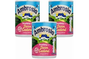 Ambrosia Strawberry Flavour Devon Custard 400g can x 3, Instant Ready to Eat Hot or Cold Dairy Dessert with Welari Thank You Card | (3pack)