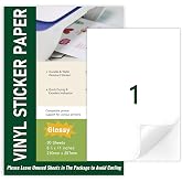 30 Sheets A4 Waterproof Glossy Vinyl Sticker Paper Full Sheet Self Adhesive Labels for Inkjet and Laser Printers 210mm x 297m