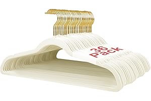 ‎WELLONG Wellong Kleiderbügel Samt, 45 cm rutschfeste Filz Bügel, Stabile Anzugbügel mit Schulterkerben, Platzsparende Kleiderbügel für Mäntel, Hosen, Silbe, 36 Stück – Crème mit Goldene Haken