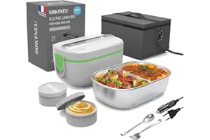 SOKTNEU Gamelle Chauffante 80W 3 en 1 Haute Puissance Lunch Box Electrique Isotherme 220V 24V 12V 1.5L Acier Inoxydable Portable Boîte Repas pour Voiture Camion Bureau Travail