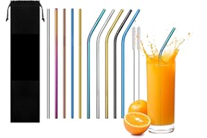 RZMZBY 12 Pcs Pailles en acier inoxydable,Métalliques Colorées Pailles 6 mm pour Jus, Café, Milkshakes, Thé(5 droites,5 courbées,2 brosses)