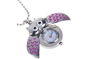 SMELEYOU Montre de Poche Porte-clés Double Hibou Ouvert Montre de Poche médaillon rétro Vintage Hibou Pendentif Mini Montre de Poche Hibou Collier pour Femme Rose Rouge