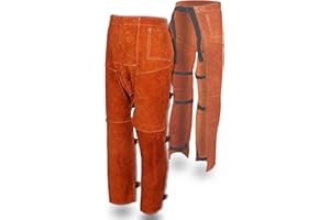 QeeLink Leather Welding Pants - Heat & Flame Resistant Split Leather Safety Leg Protection for Men and Women, Adjustable M to XXXL, Brown