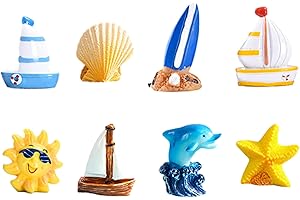 SATISKID 8 pezzi spiaggia micro paesaggio in miniatura Dkorations Mediterraneo figure resina miniatura tavola da surf seelang delfino starfin resina barca a vela ornamenti fai da te Fairy Garden Showcase