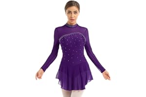 ranrann Vestido de Patinaje Artístico Diamantes para Mujer Maillot de Ballet Manga Larga Leotardo de Gimnasia Rítmica con Falda Traje Bailarina