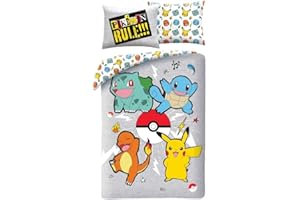 HALANTEX Juego de cama Pokemon Rules, funda nórdica de 140 x 200 cm + funda de almohada, con Pikachu, Bulbizarre, Salamèche y Carapuce