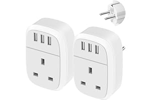 IROUSSA UK to European Adapter Plug 2 Pack, EU Schuko Travel Adaptor with 3 USB Port, Euro Europe Grounded Charger for Germany France Spain Turkey Iceland Greece Poland Portugal Austria Netherlands(Type E/F)