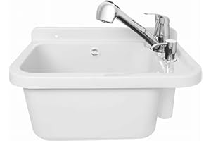ADGO Fregadero de Cocina para el Hogar con Lavabo de Cámara Profunda con Batería, Grifo y Contenedor Dispensador de Jabón, para Jardín, Sótano de Garaje, Baños, Taller, Fábrica Industrial, 50cm Blanco