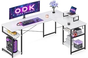 ODK Mesa Gaming con Estanteria, Escritorio Gaming con Soporte para Monitor, Escritorio Esquinero Blanco 148×120 cm