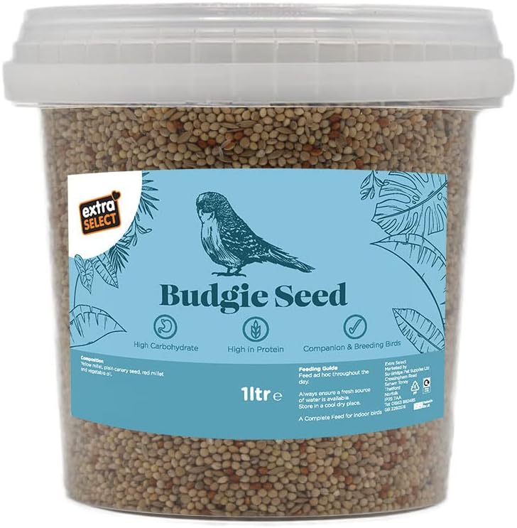 Extra Select Budgie Seed Mix - Indoor Bird Food for Small Birds Only in Handy Bird Seed Storage Tub - 1 Litre