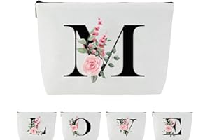Blisswave A-Z Personalisierte Kosmetiktasche, Geschenke für Frauen, Mütter und Freund, Mädchen, Elegantes und Hübsches Rosa Blumenmuster, Schminktasche mit Initialen Namen (Weiß)