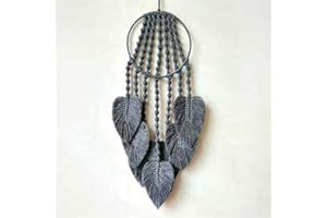 BMIDRUT AMIPOS - Acchiappasogni in tessuto macramè con piume e pompon per decorazione da parete per interni bohémien (grigio)