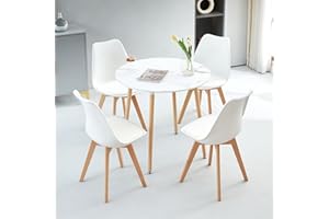 H.J WeDoo Round Dining Table and Chairs Set 4,Solid Wood Legs Marble Texture Kitchen Table and White Dining Chair with Cushion Space Saving Design for Small Dining Room | 4 Kitchen Chair + 80cm Table
