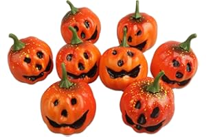 LARBER 8 PCS Small Halloween Pumpkins Decorations, Artificial Mini Plastic Foam Pumpkins for Indoor Outdoor Decor, Mantle Table Kitchen Decorations, Orange