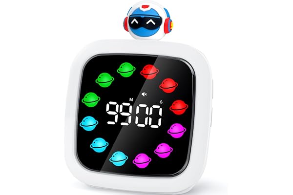 Yunbaoit Minuteur Visuel Enfants, Compte à Rebours Silencieux Rechargeable de 99Min, 9 Présentoir de Couleurs pour planètes, Outil de Gestion du Temps avec Fonction Pause(Robots)