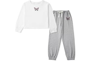 Naiyafly Kinder Mädchen Trainingsanzug Set Mädchen Schmetterling Muster Langarm Pullover Sweatshirt Crop Tops + Hosenanzug Teenager Mädchen Frühling Herbst Outfits Set Sport Hip Hop Kleidung