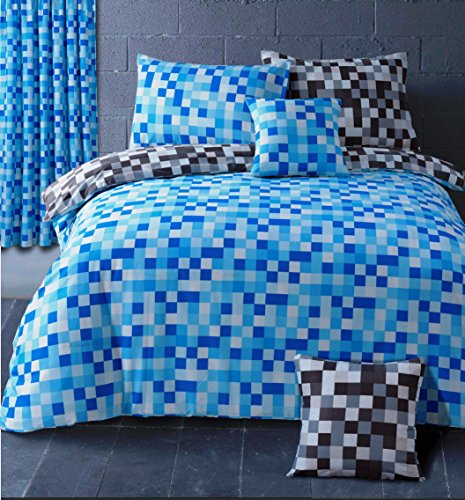 HBS Pixel Bedding Set King Size Bed Duvet / Quilt Cover Bedding Set Pixel Squares Reversible Bedding Duvet Cover with Pillowcase Blue & Grey