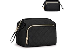 Wandering Nature Large Makeup Bag Cosmetic Organizer for Travel, Quilted Wash Bag for Women, Wide-Open Water-Resistant Toiletry Bag, Black (Patent Pending)