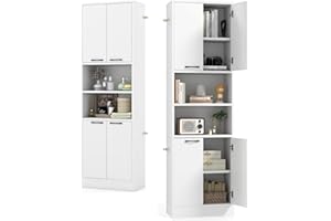 KOMFOTTEU Aparador de Cocina con 2 Armarios con Puertas y Estantes Abiertos, Armario Alto de 6 Niveles con Dispositivo Antivuelco, Mueble de Almacenamiento para Salón, 56 x 30 x 190 cm (Blanco)