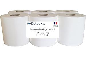 DSTOCK60 - Bobines Essuie-Mains à Dévidage Central – Papier 2 Plis – 450 Feuilles 20x20 cm – Ø17cm – Mandrin Prédécoupé 6,5cm – Rouleau Hauteur 20cm (x 1 colis = 6 rouleaux)