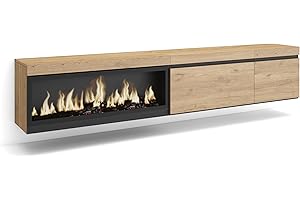 Skraut Home | Mueble TV | Televisión | Muebles de salón, almacenaje | 237x45x35 cm | para TV Gran Formato | Chimenea eléctrica XXL | Colgado, Suspendido | Estilo Moderno | Roble