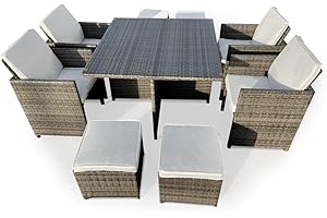 AZRBOPO Rattan Dining Set of 8, 9 Pieces Garden Furniture Set with Soft Cushion, Tempered Glass Top Table, 4 Stool, Waterproof Cover, All Weater Outdoor Covesation Set - Natural