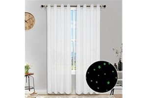 HonunGron Lot de 2 Étoiles Rideau Fluorescents Semi-Transparents, Rideaux Occultants à Oeillets, Les Étoiles Rideaux en Tulle pour Décoration Chambre d'enfant (Blanc,2X H 213 X B 132cm)