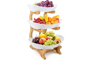 DODUOS Blanco Frutero 3 Pisos, Frutero de Plástico Cesta de Frutas de 3 Niveles,Fruteros de Cocina Modernos con Pararse Bambú para Decoración de Cocina, Frutas,Verduras, Aperitivo