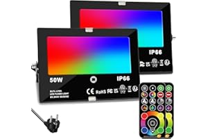 HEKEE Projecteur Led, équivalent 500W, Changement de Couleur Rgbw 120 Couleurs, Synchronisation, Projecteurs Extérieurs 5500 lumens, Blanc Chaud Rgb 2700K, Ip66 étanche