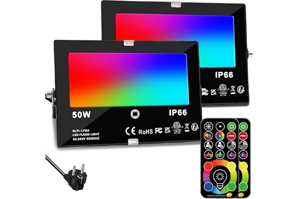 HEKEE Projecteur Led, équivalent 500W, Changement de Couleur Rgbw 120 Couleurs, Synchronisation, Projecteurs Extérieurs 5500 lumens, Blanc Chaud Rgb 2700K, Ip66 étanche